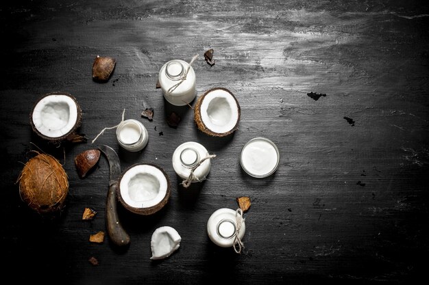 Coconut milk in bottles.