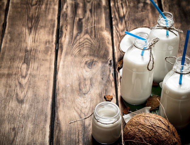 Coconut milk in bottles.