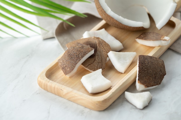 Coconut milk on chopping board vegan milk for food and dessert