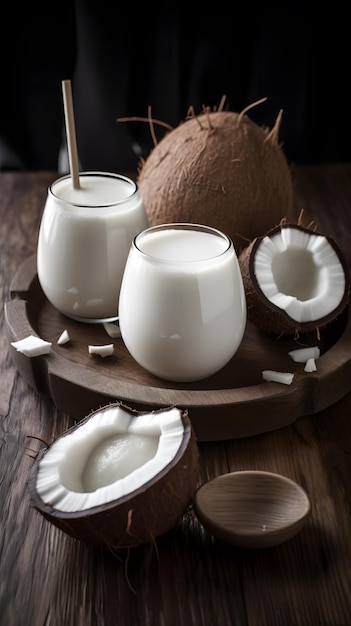 Coconut milk in a glass and coconut on a wooden tray