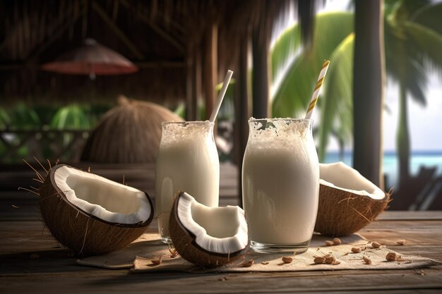 Coconut milk in a glass with coconuts and straws