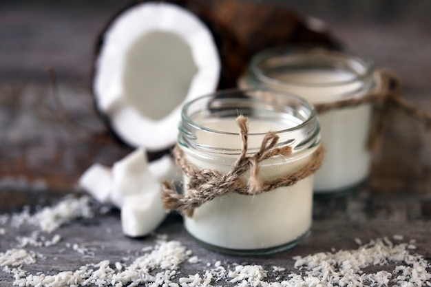 Coconut milk in jars.