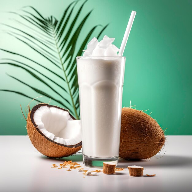코코넛 밀크 쉐이크 잔과 신선한 코코넛 슬라이스 Generative AI