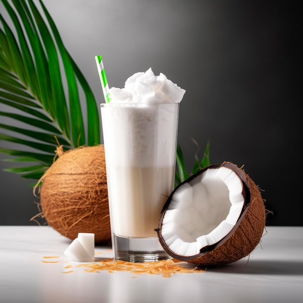 Coconut milk shake glass with fresh sliced coconut Generative AI