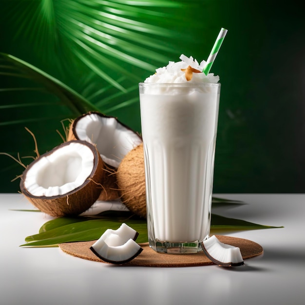 Coconut milk shake glass with fresh sliced coconut Generative AI