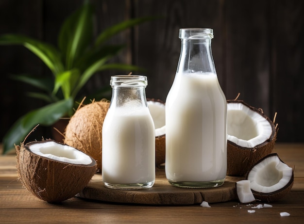 Photo coconut milk in small transparent bottles