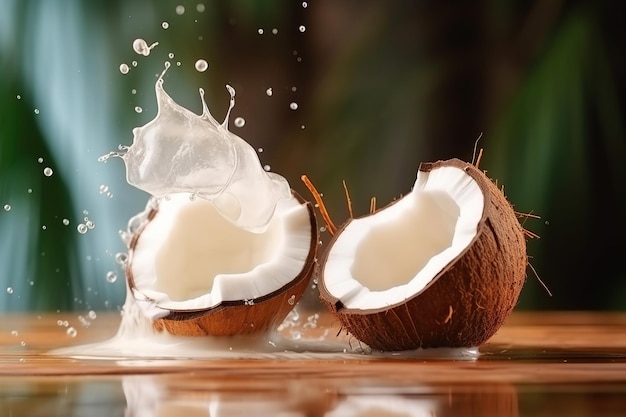 Coconut milk splash on blurred tropical background Ai Cracked coconut with milk splash