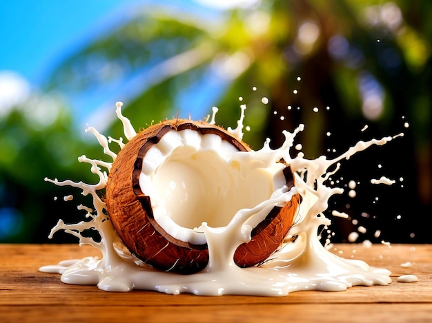 Coconut milk splashes on a blurred tropical background Ai Cracked coconut with milk splash design