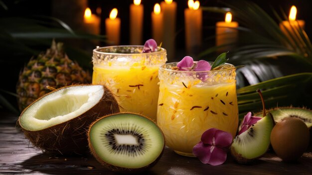 Photo coconut milkbased tropical fruit smoothie with pineapple kiwi and passion fruit