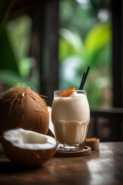 A coconut milkshake with a black straw and a glass of coconut milk.