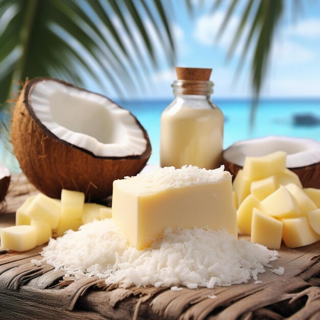 Coconut oil and coconut oil on a wooden table with a coconut and coconut oil