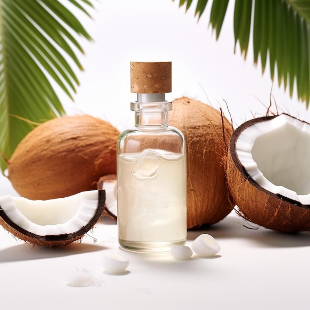 Coconut oil and coconuts are shown on a table