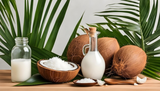 coconut oil and coconuts are on a table with a bottle of coconut oil