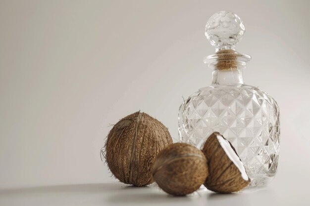 Photo coconut oil decanter with coconuts on white background