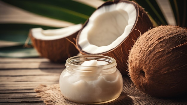 Coconut oil in a jar and coconuts on a wooden table