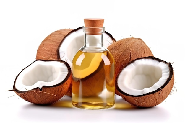 Кокосовое масло в масляной бутылке с разрезанными пополам кокосовыми фруктами на белом фоне