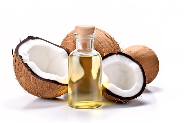 Coconut oil in oil bottle with coconut fruit cut in half isolated on white background
