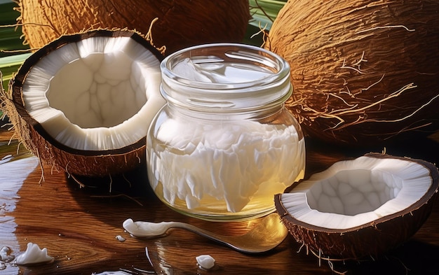 Photo coconut palm oil in a bottle with coconuts