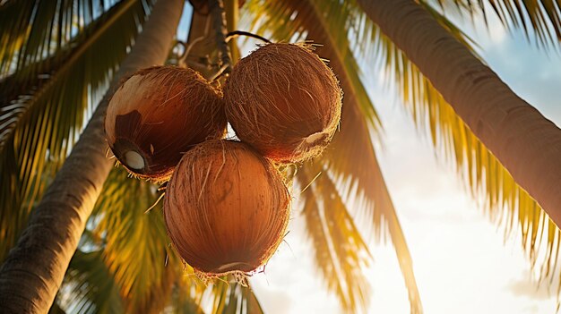 a coconut on a palm tree on the ocean shoreGenerative AI