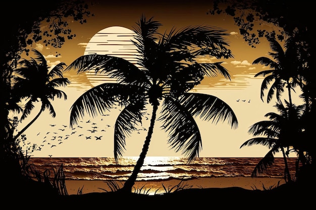 바다와 해변이 있는 코코넛 야자수 실루엣