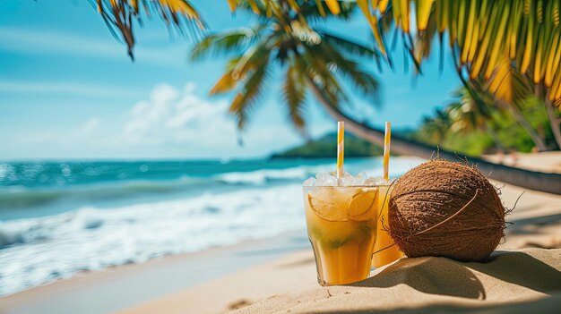 Coconut palm trees and juice drinks on a tropical beach outdoor activities taking a photo swimming wave surfing