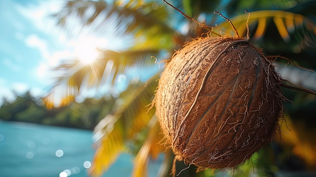 A coconut perched on a palm tree swaying gently in the ocean breeze against a backdrop of lush tr