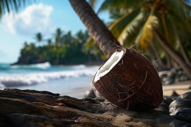 Coconut Resting on a Beach Surrounded by Palm Trees with Ocean Breeze Generative Ai