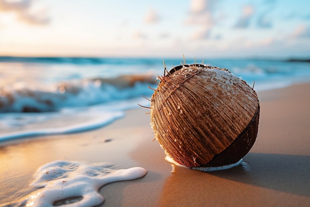 Coconut Resting on a Beach Surrounded by Palm Trees with Ocean Breeze Generative Ai