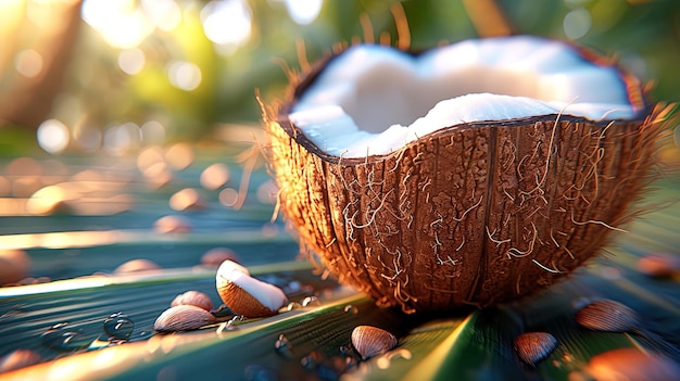 A coconut resting on a palm frond its rough husk contrasted against the vibrant green foliage of