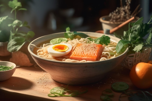 Coconut salmon ramen Table fish food Generate Ai