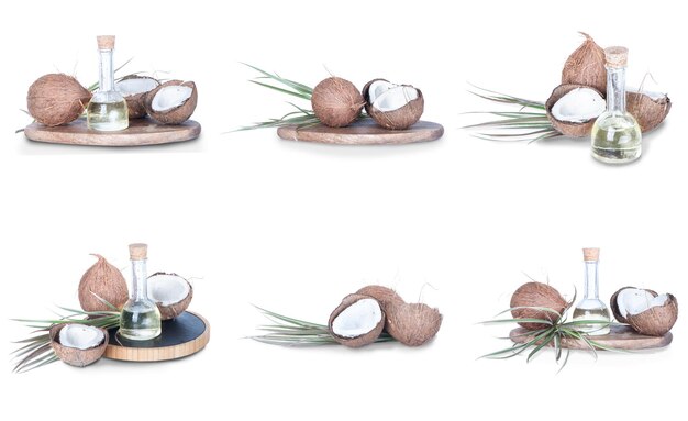 Set di sei immagini di cocco e olio di cocco isolato su bianco