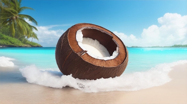 Coconut shell floating on the sea by Generative AI