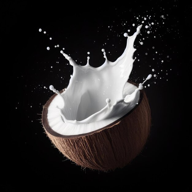 Photo coconut and splash isolated on black