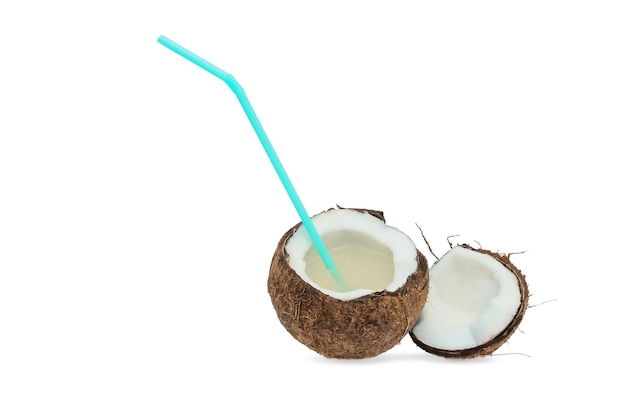 Coconut split in half withcoconut milk isolated on white background with shadow