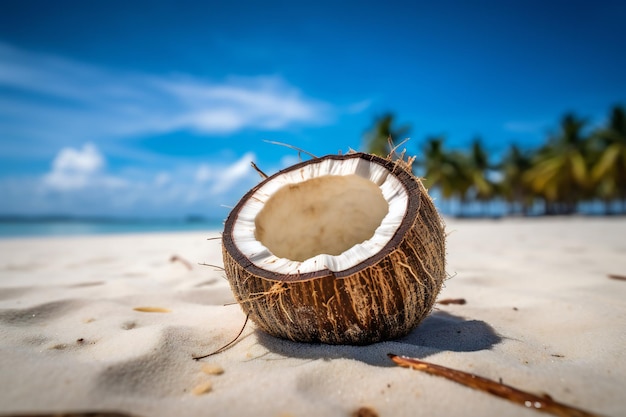 A coconut split open on the sand offering a refreshing tropical treat white coconut meat 1