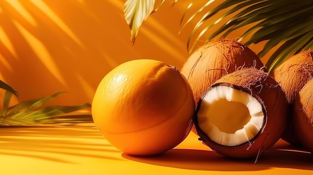 코코넛 여름 배경 깨끗한 노란색 배경의 열대 코코넛 Generative Ai