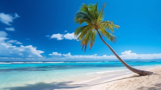 A coconut tree on a beach with a blue sky in the background
