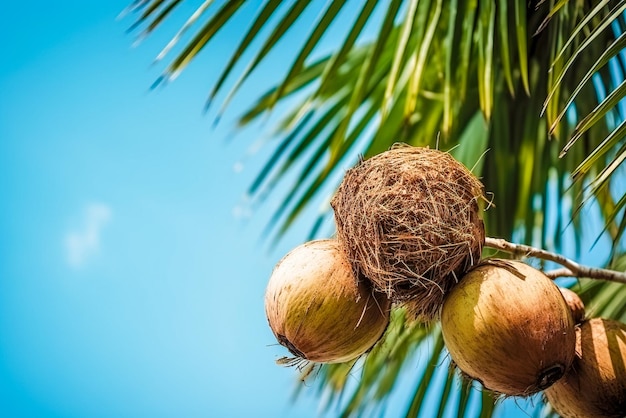 Foto albero di cocco con noci di cocco su sfondo blu cielo ia generativa