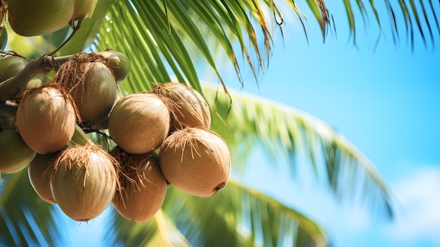 Foto coconut tree with ripe coconuts on blue sky background