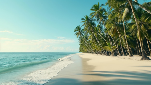  모래 와 푸른 바물 이 있는 열대 해변 에 있는 코코 나무 들
