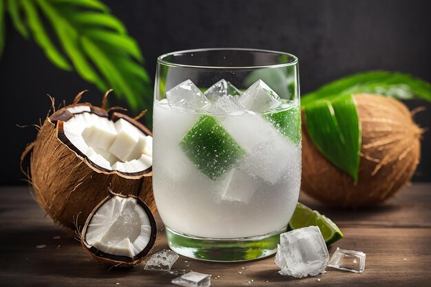 Photo coconut water or coconut juice in glas with ice cube