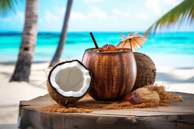 Coconut water drink on a sea sand beach