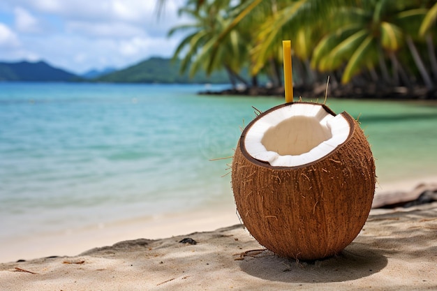 Coconut water drink on a sea sand beach