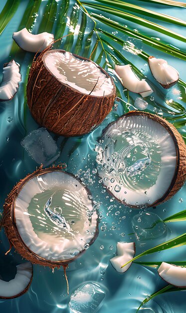 Кокосовая вода Свежие кокосовые и пальмовые листья Декорация Тропи Иллюстрация Еда Питье Индийские ароматы