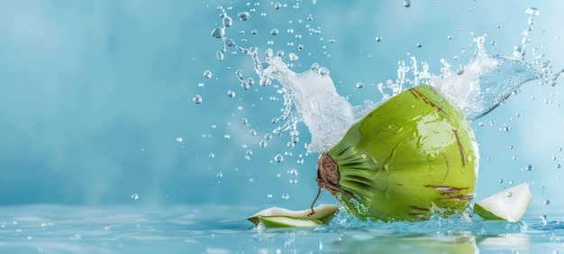 Photo coconut water splashing out of a fresh green coconut isolated on a pastel summer blue background