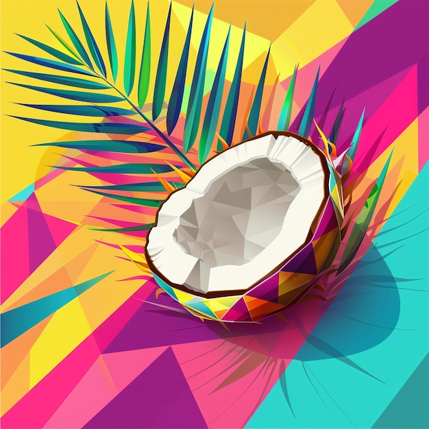 coconut with geometric patterns vivid colors against a monochrome background