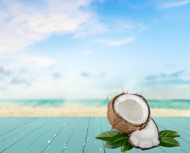 Coconut with green leaves