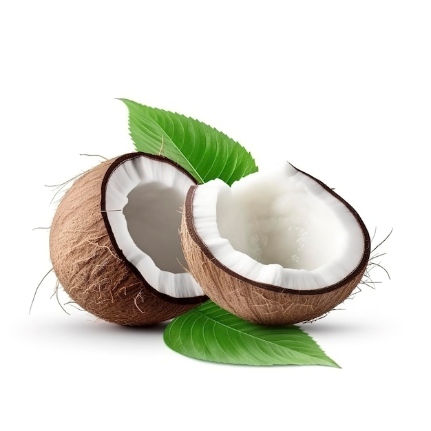 Coconut with half and leaves on white background generate ai