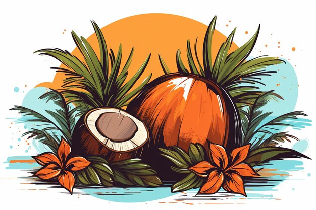 Фото Кокосовый орех с пальмовыми листьями