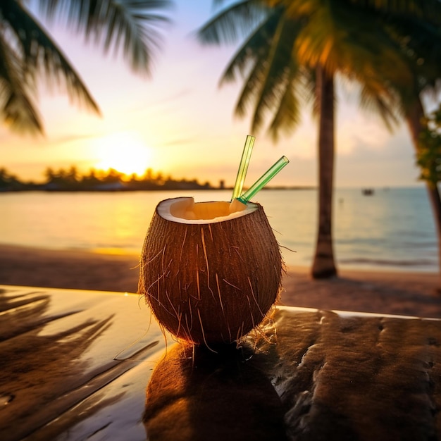 A coconut with a straw in it sits on a table with palm trees in the background.